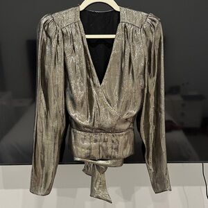 Ronny Kobo Metallic Long Sleeve Wrap Top